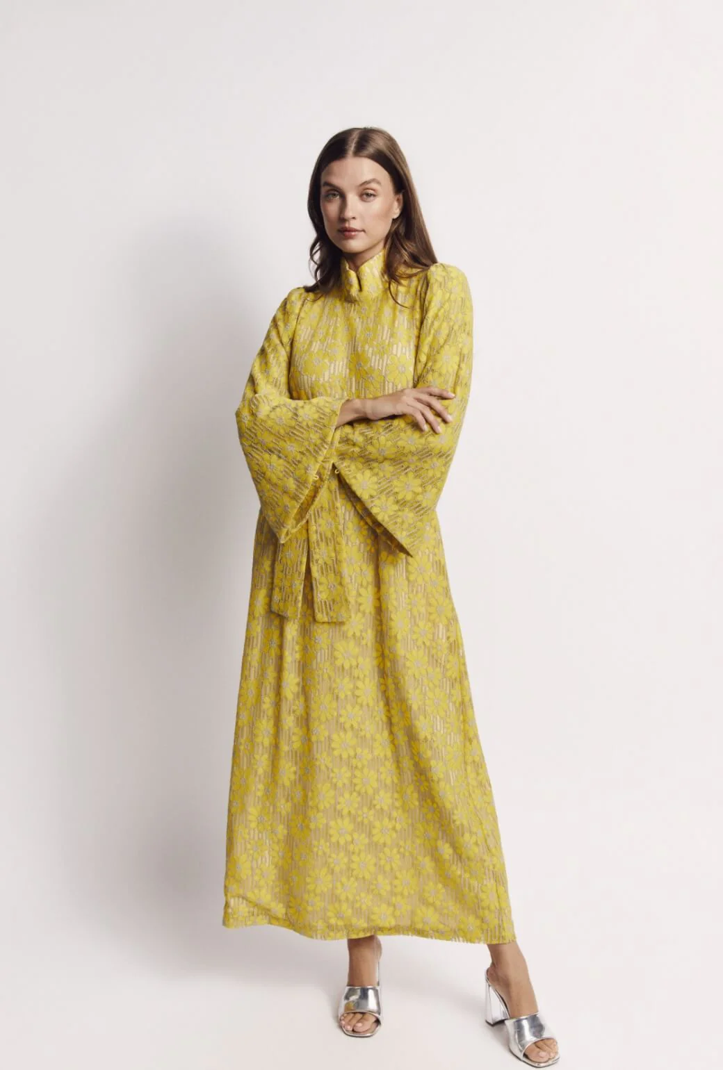 Bell Sleeve Maxi Mod Dress - Yellow Lace - Image 2