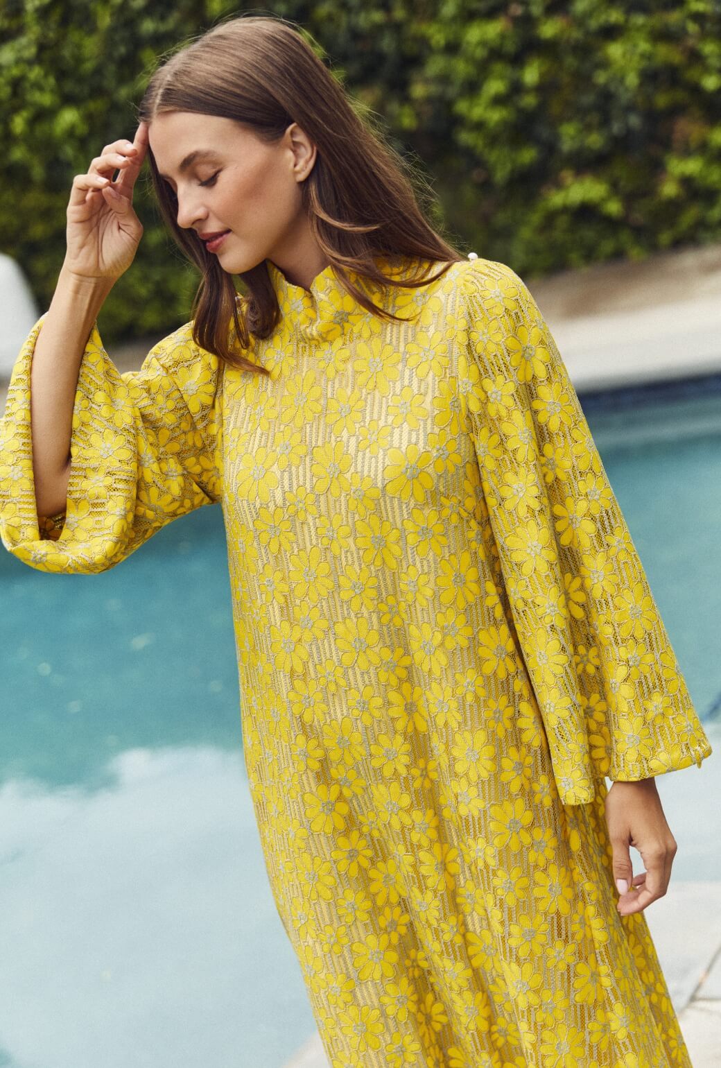 Bell Sleeve Maxi Mod Dress - Yellow Lace - Image 3