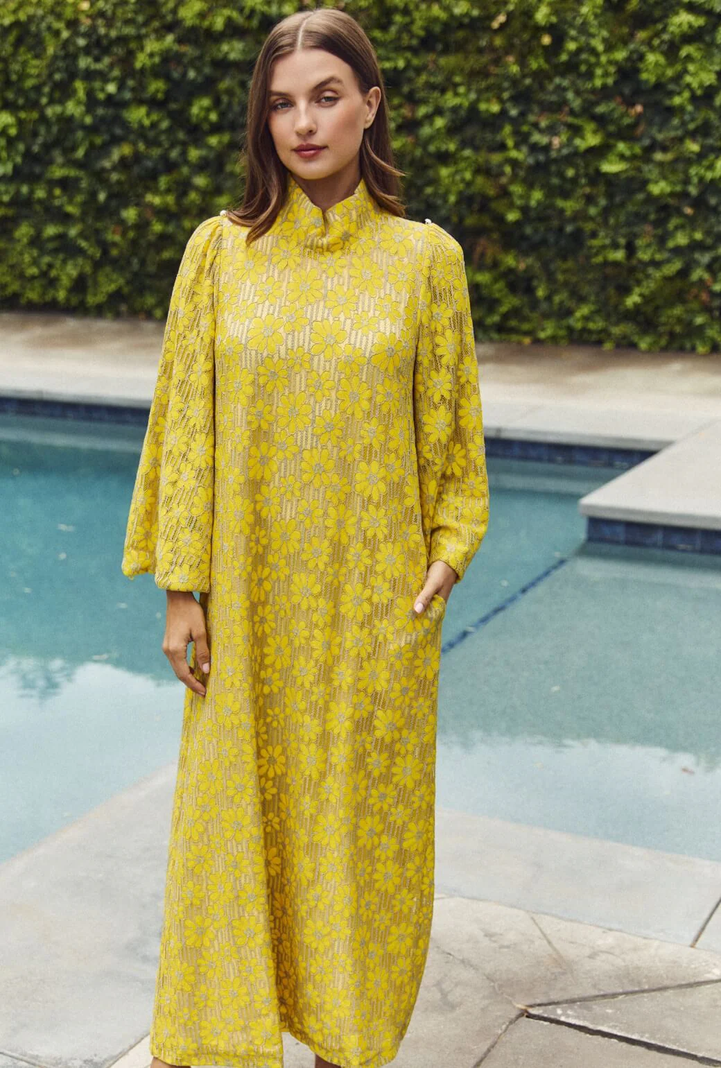 Bell Sleeve Maxi Mod Dress - Yellow Lace - Image 5