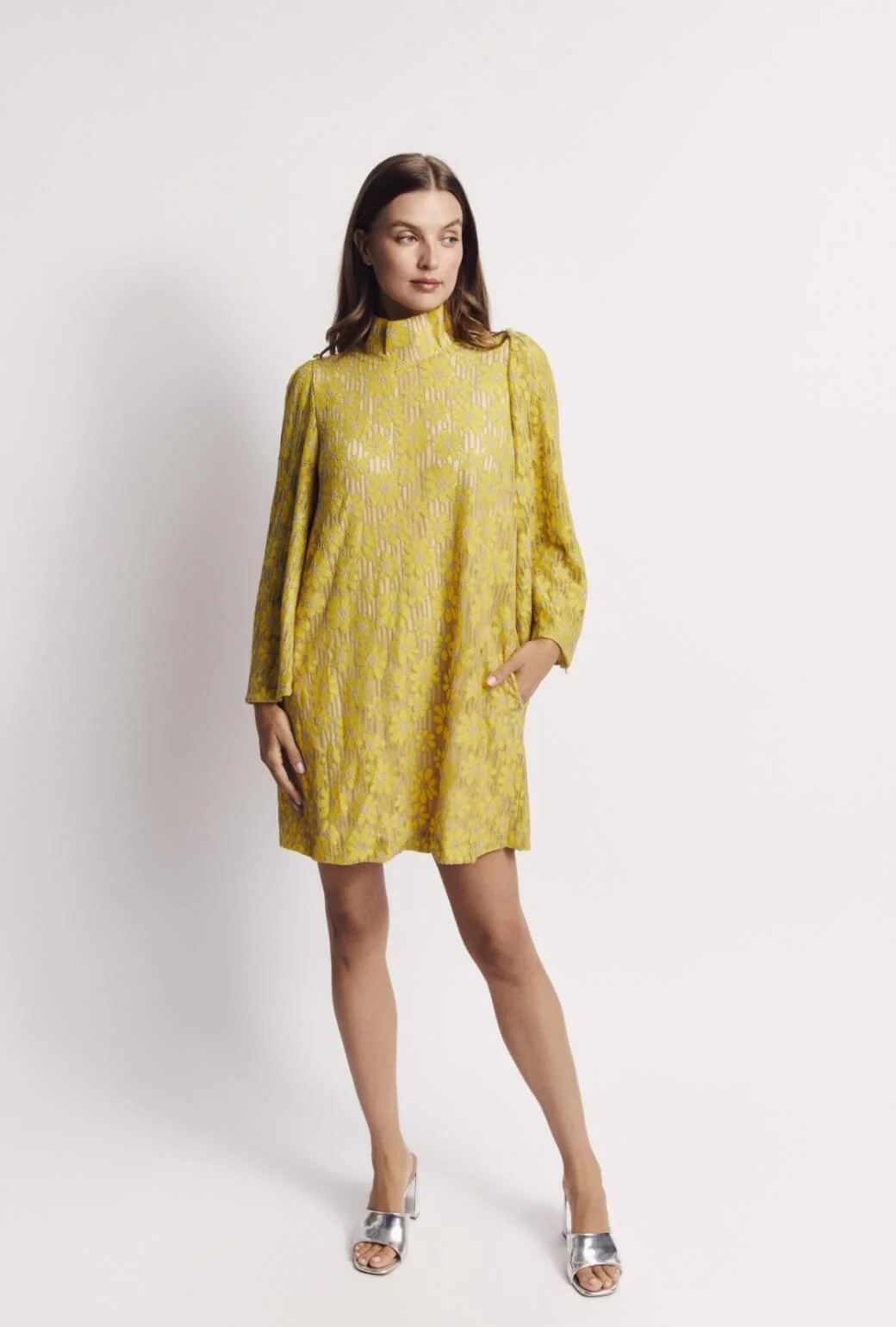 Bell Sleeve Mini Mod Dress - Yellow Lace - Image 3