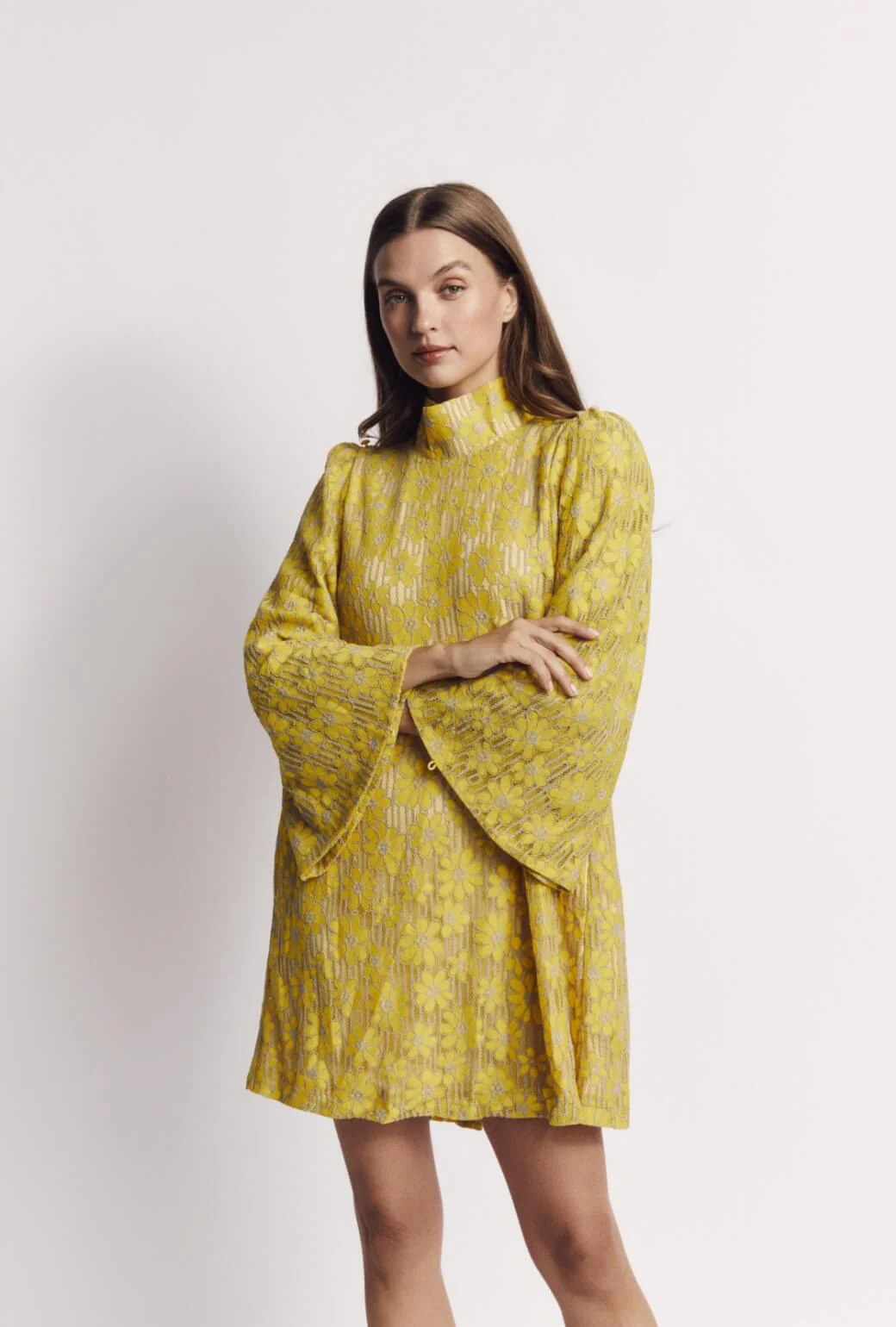 Bell Sleeve Mini Mod Dress - Yellow Lace - Image 7