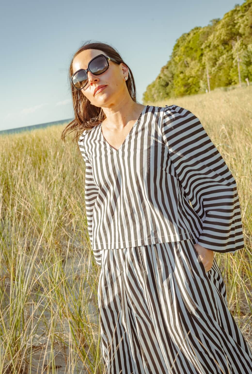 Bell Sleeve V-Neck Top - Black and White Stripe - Image 3