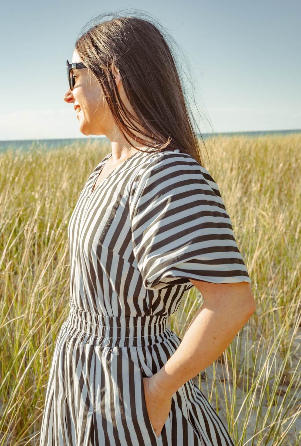 Bell Sleeve V-Neck Top - Black and White Stripe - Image 4