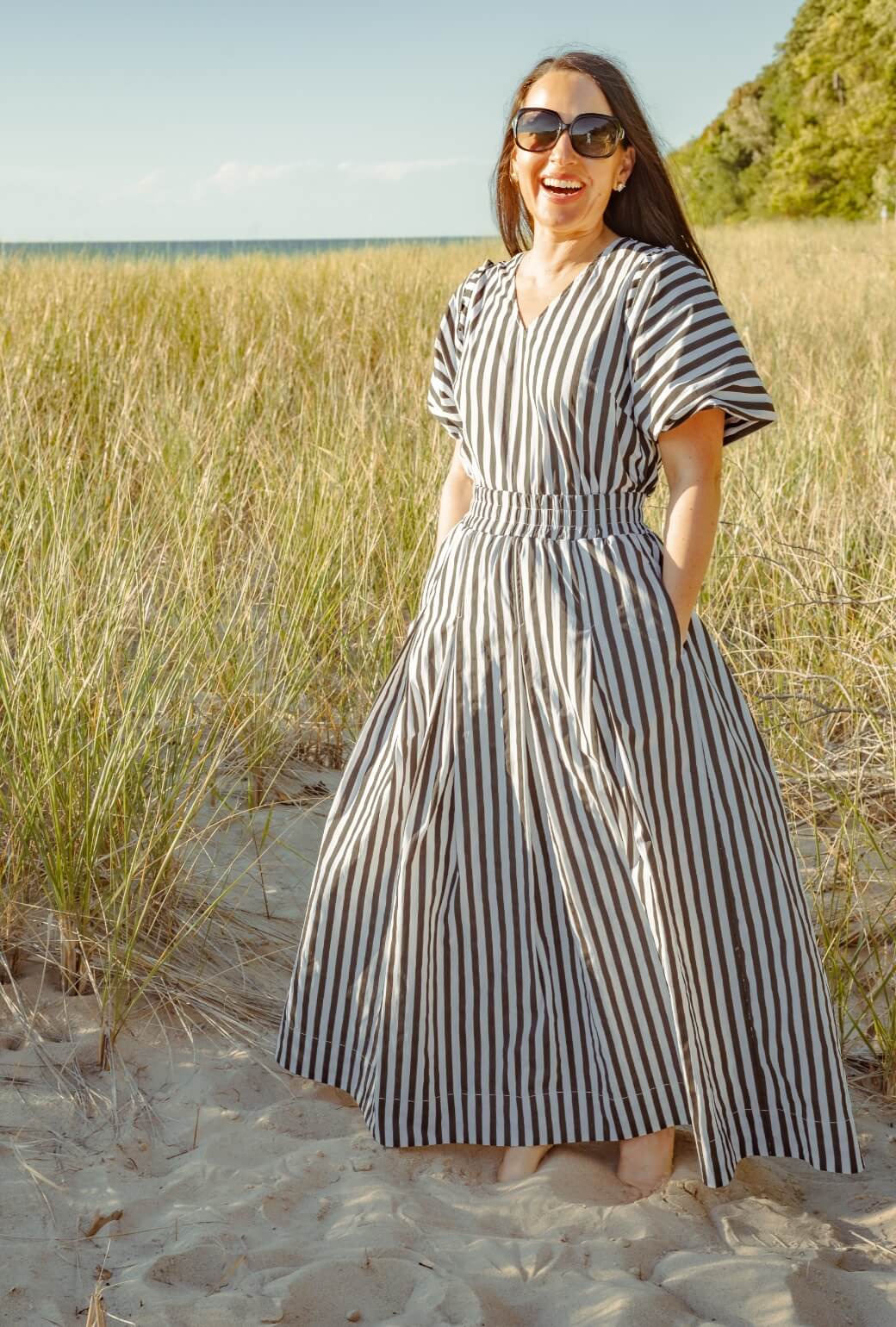 Bell Sleeve V-Neck Top - Black and White Stripe - Image 6