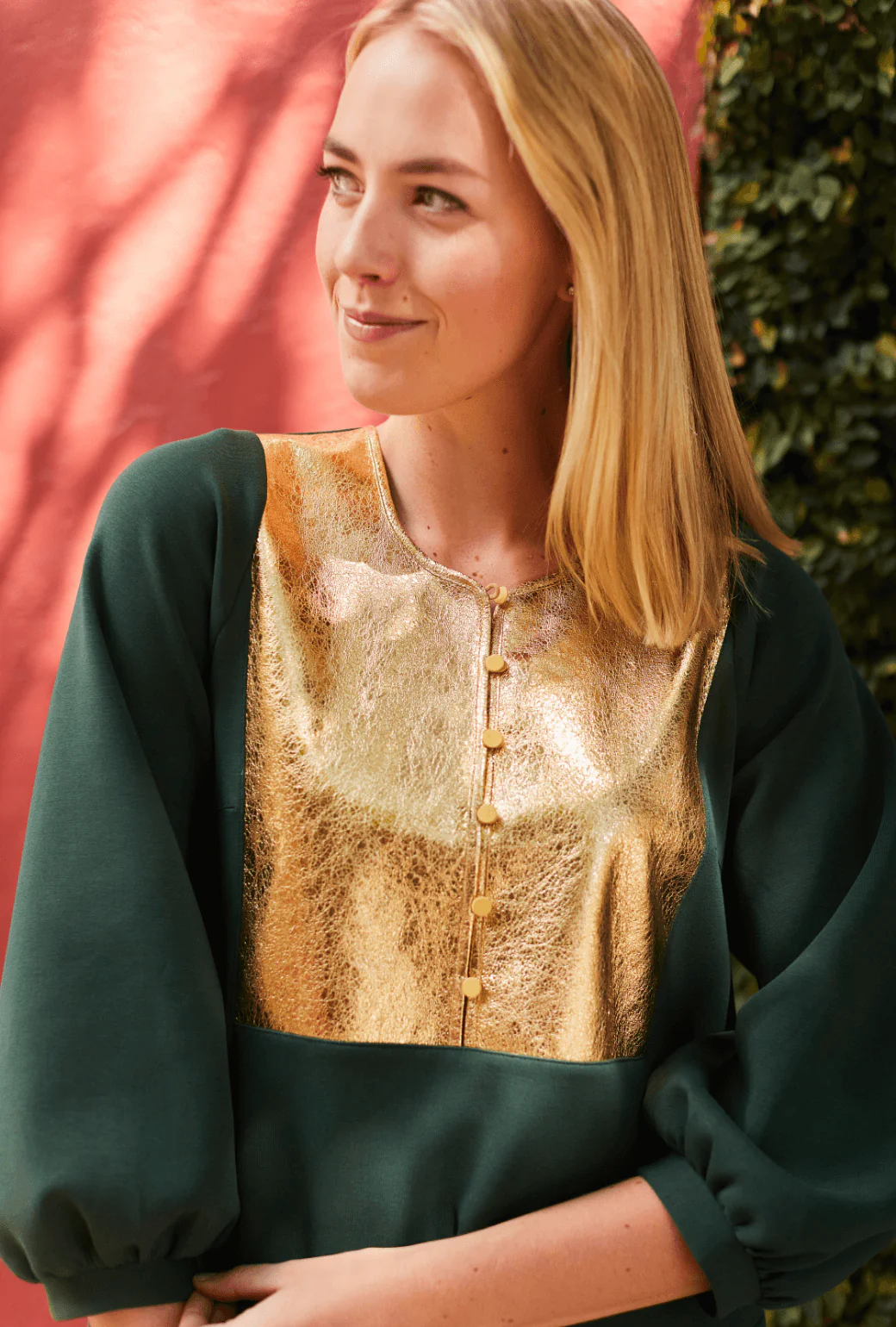 Bib Front A-line Dress - Emerald & Gold - Image 4