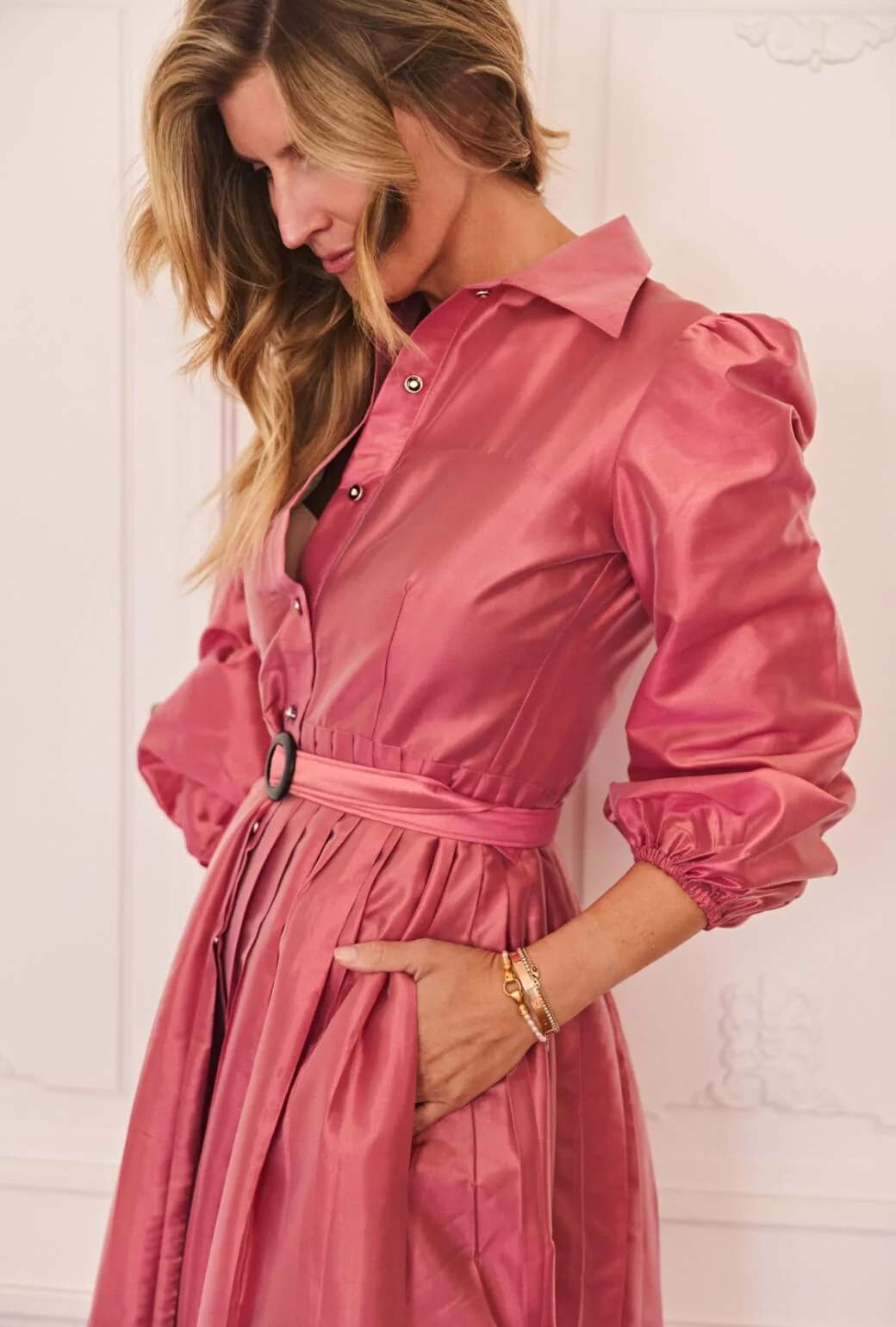 Buru x Anna Kloots Puff Sleeve Shirtdress - Pink Shimmer Taffeta - Image 4