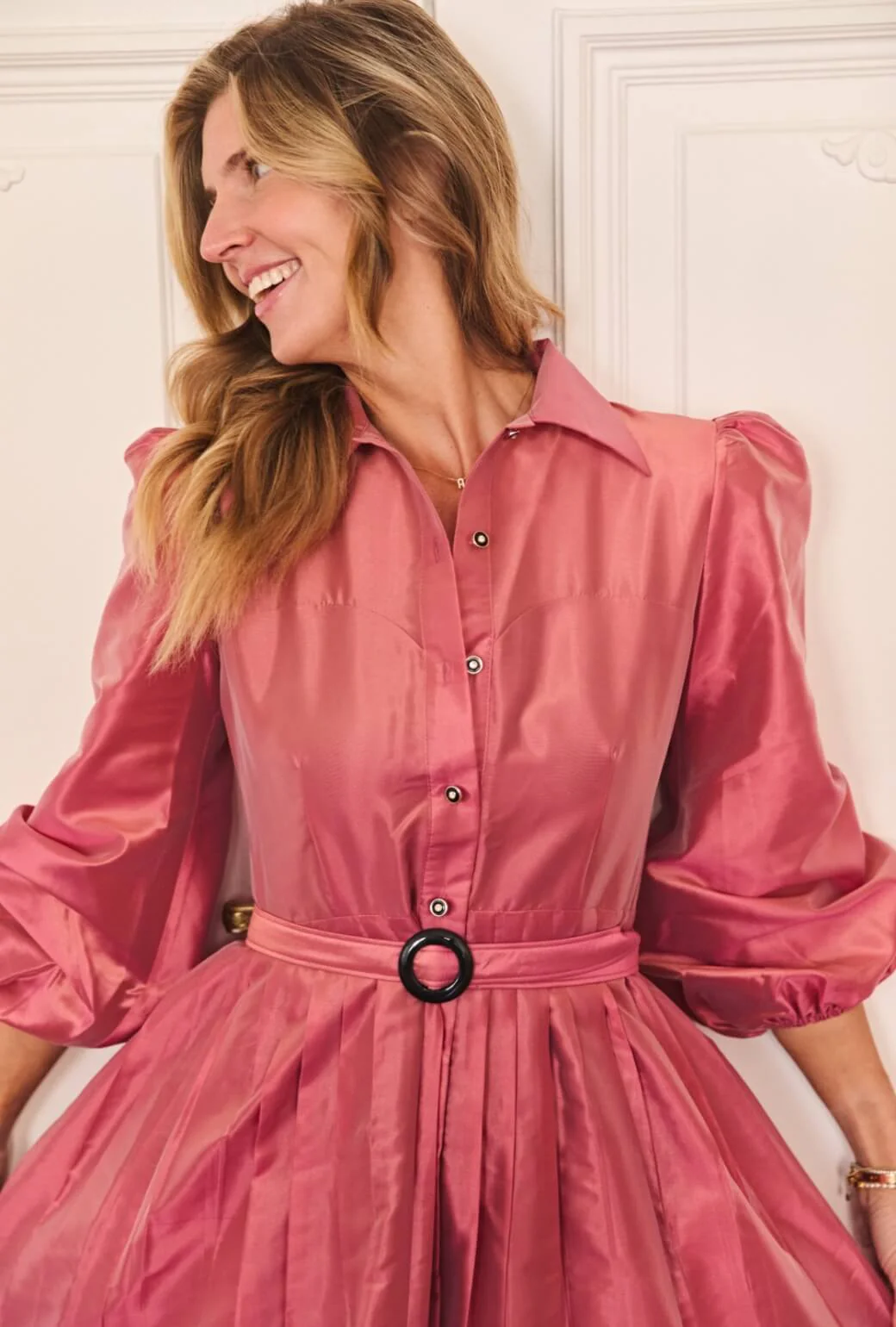 Buru x Anna Kloots Puff Sleeve Shirtdress - Pink Shimmer Taffeta - Image 5