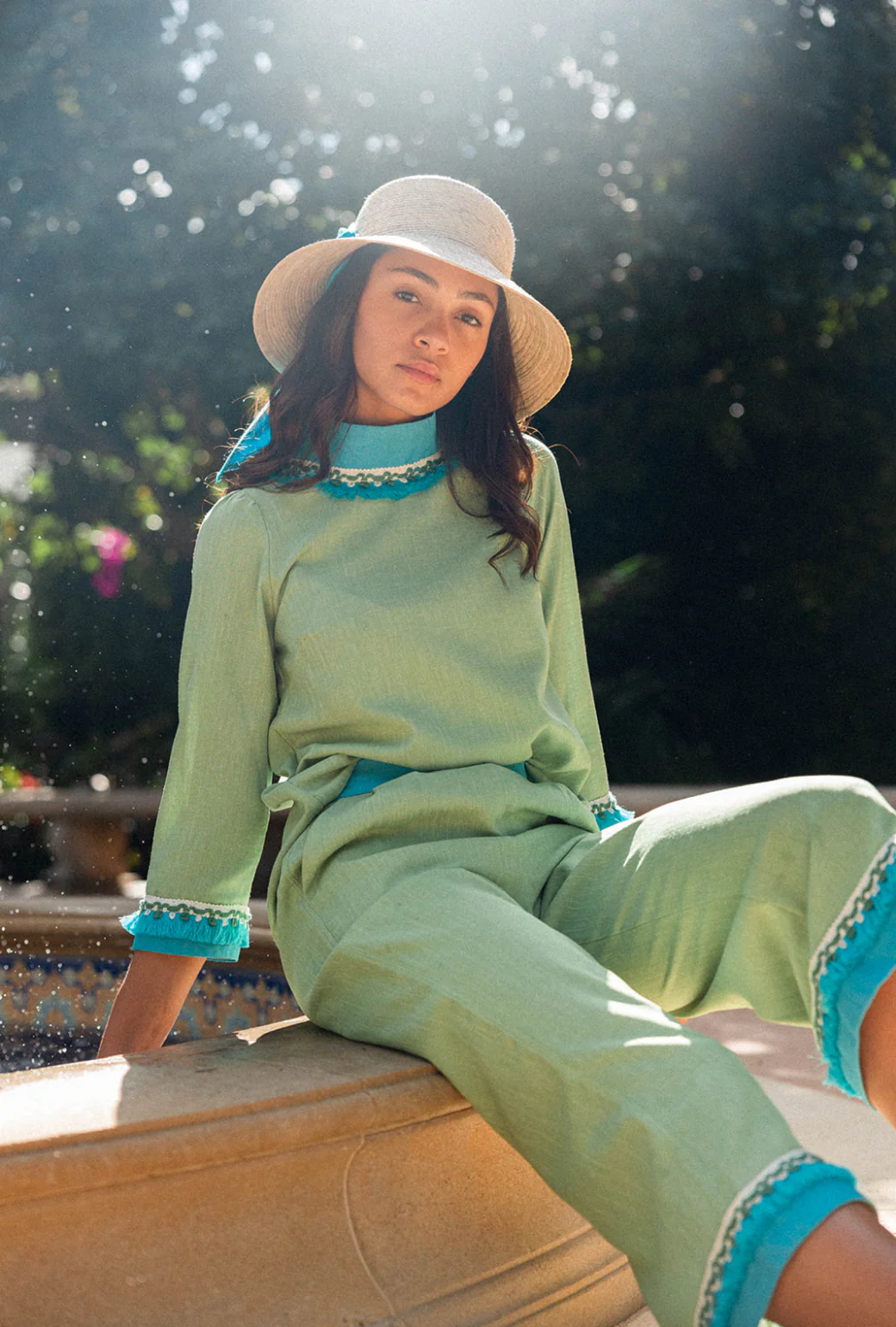 BURU x Sarah Bray Bermuda Fringed Trousers  - Lime & Aqua - Image 10