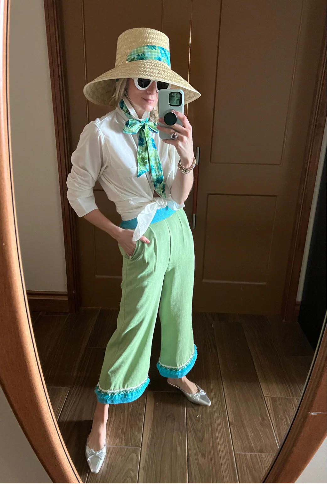 BURU x Sarah Bray Bermuda Fringed Trousers  - Lime & Aqua - Image 13