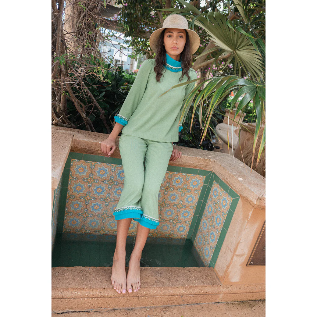 BURU x Sarah Bray Bermuda Fringed Trousers  - Lime & Aqua - Image 18
