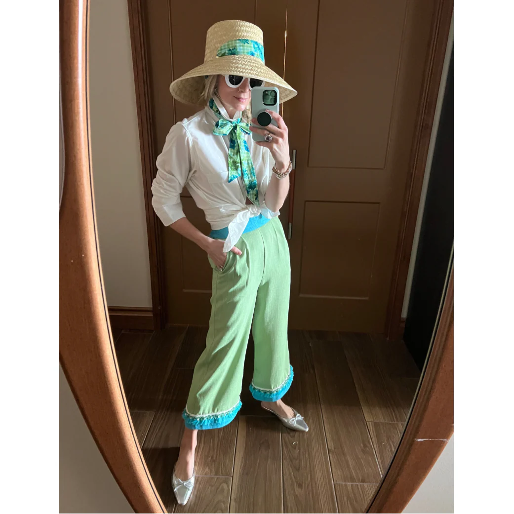 BURU x Sarah Bray Bermuda Fringed Trousers  - Lime & Aqua - Image 26
