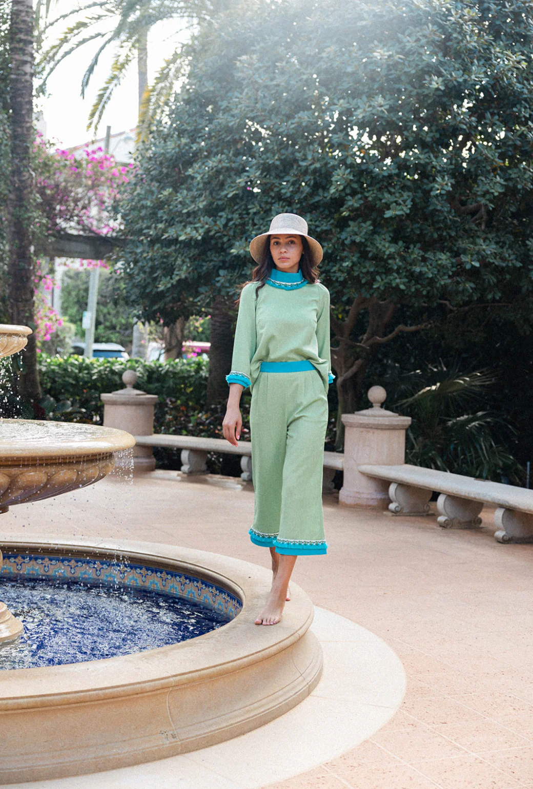 BURU x Sarah Bray Bermuda Fringed Trousers  - Lime & Aqua - Image 8