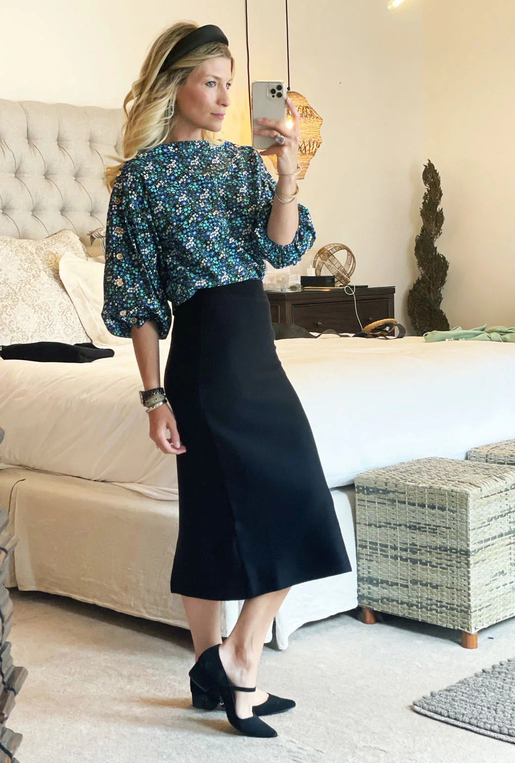 Button Sleeve Blouse - Black Micro Floral - Image 15