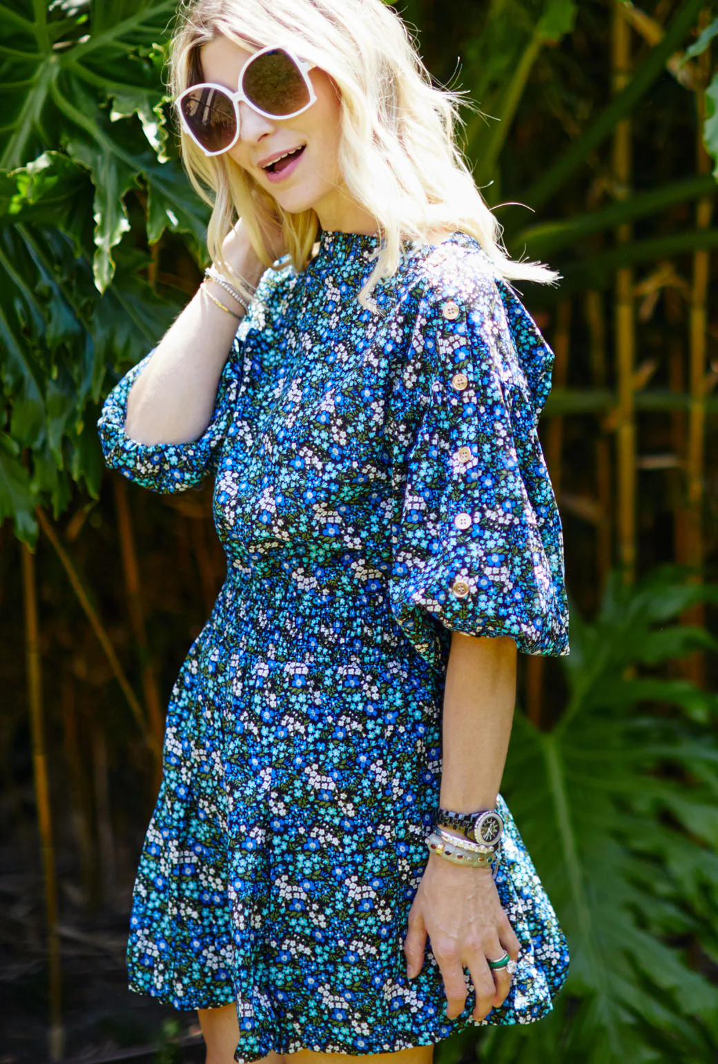 Button Sleeve Blouse - Black Micro Floral - Image 3