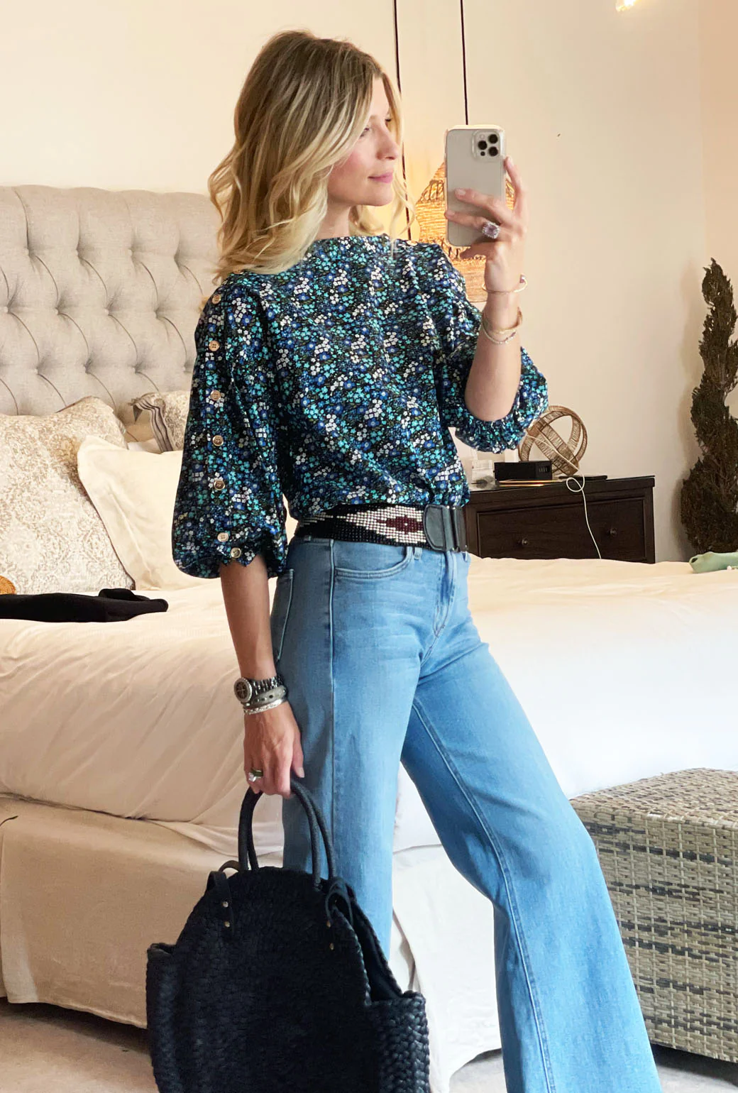 Button Sleeve Blouse - Black Micro Floral - Image 5