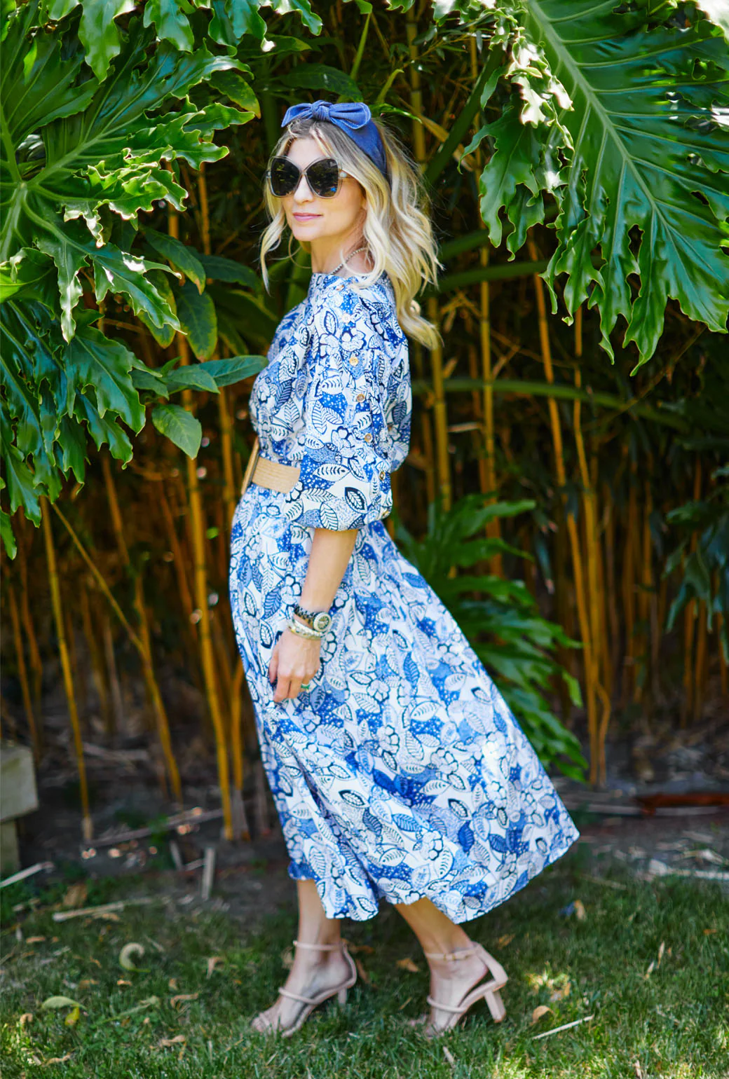 Button Sleeve Blouse - Blue Leaves - Image 4