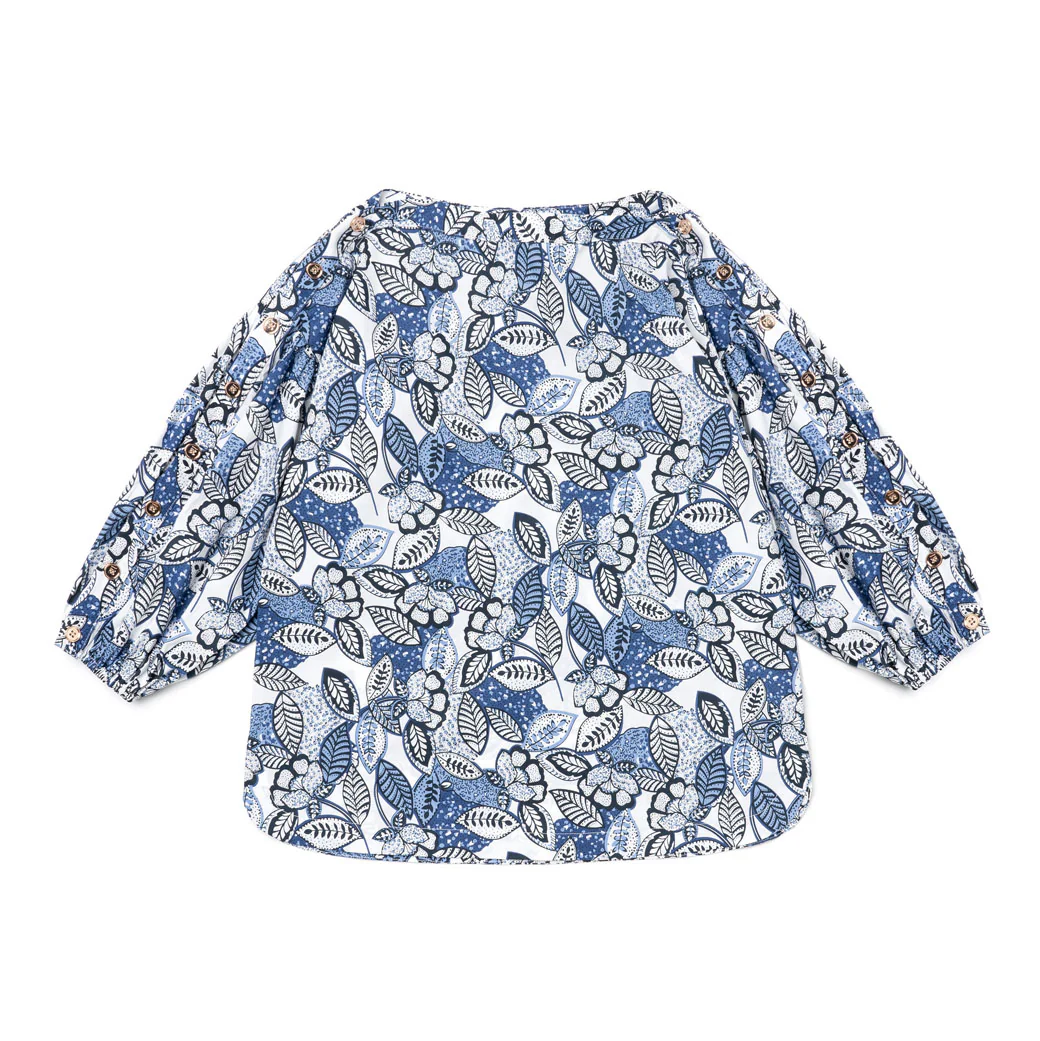 Button Sleeve Blouse - Blue Leaves - Image 9