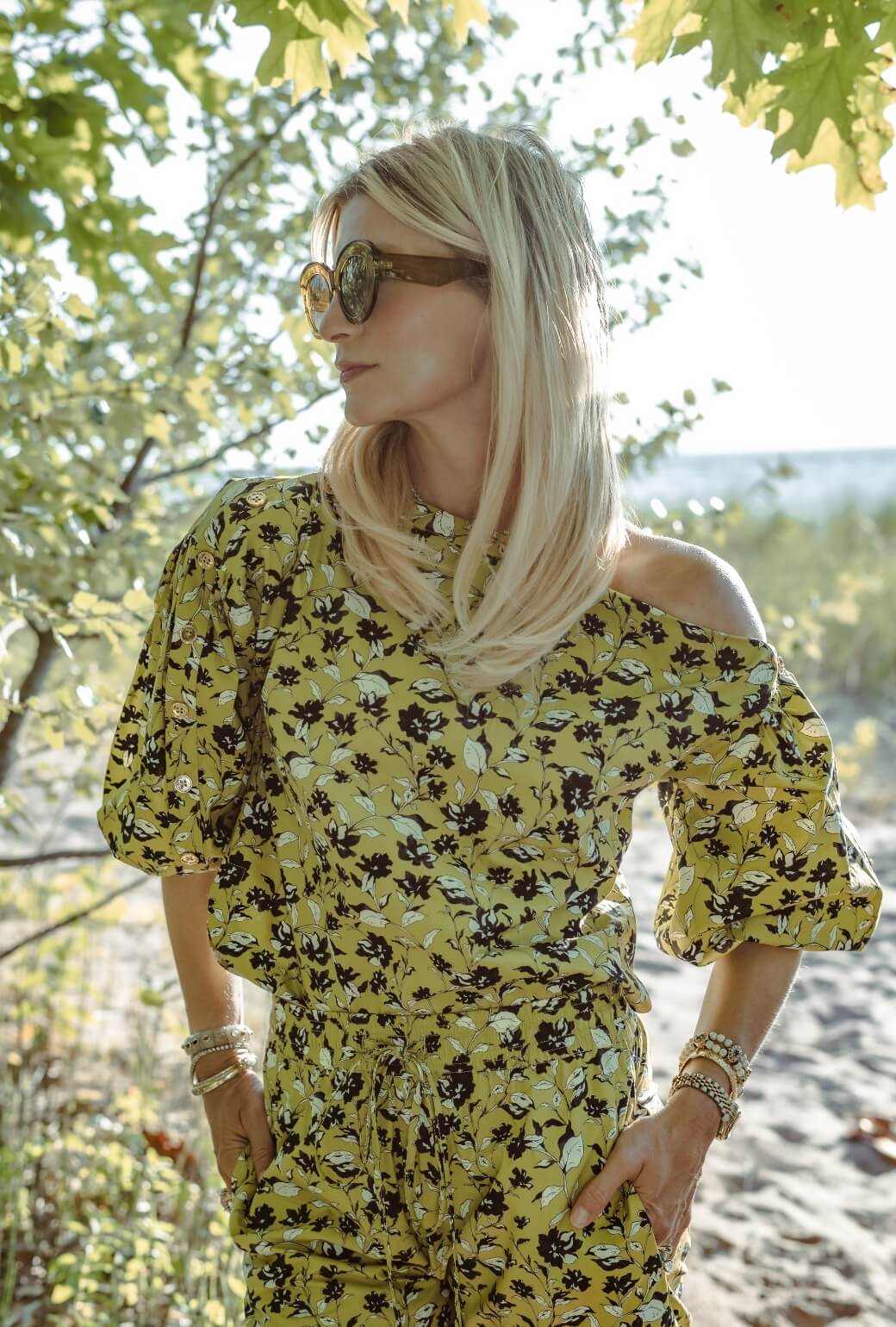 Cropped Button Sleeve Blouse - Chartreuse Floral - Image 2