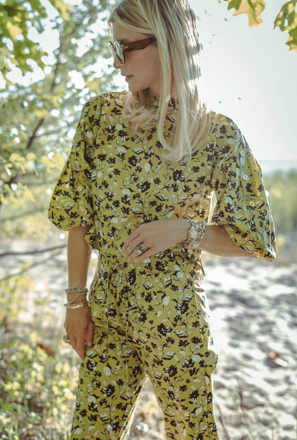 Cropped Button Sleeve Blouse - Chartreuse Floral - Image 3