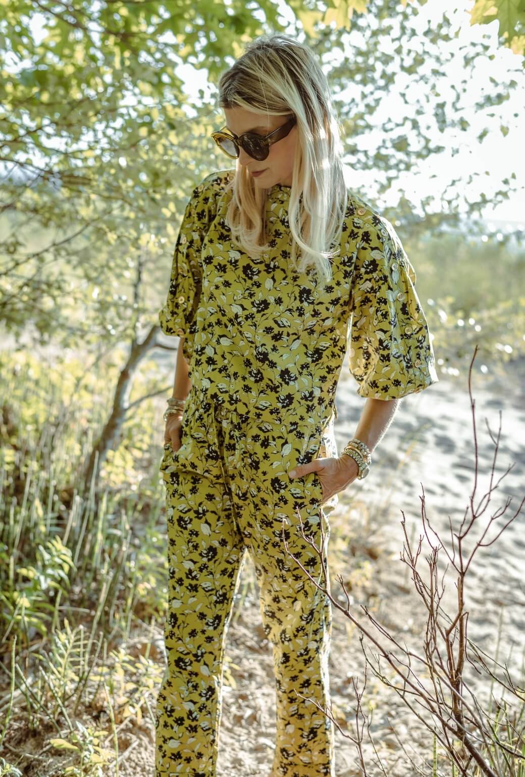 Cropped Button Sleeve Blouse - Chartreuse Floral - Image 5
