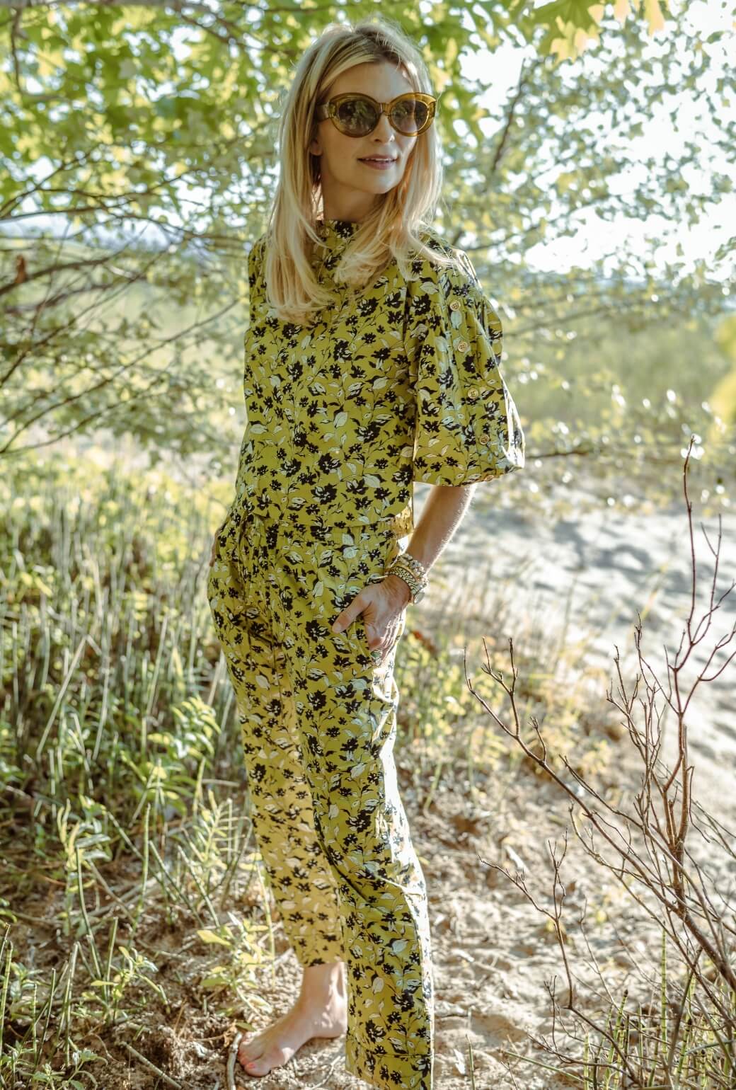 Cropped Button Sleeve Blouse - Chartreuse Floral - Image 6