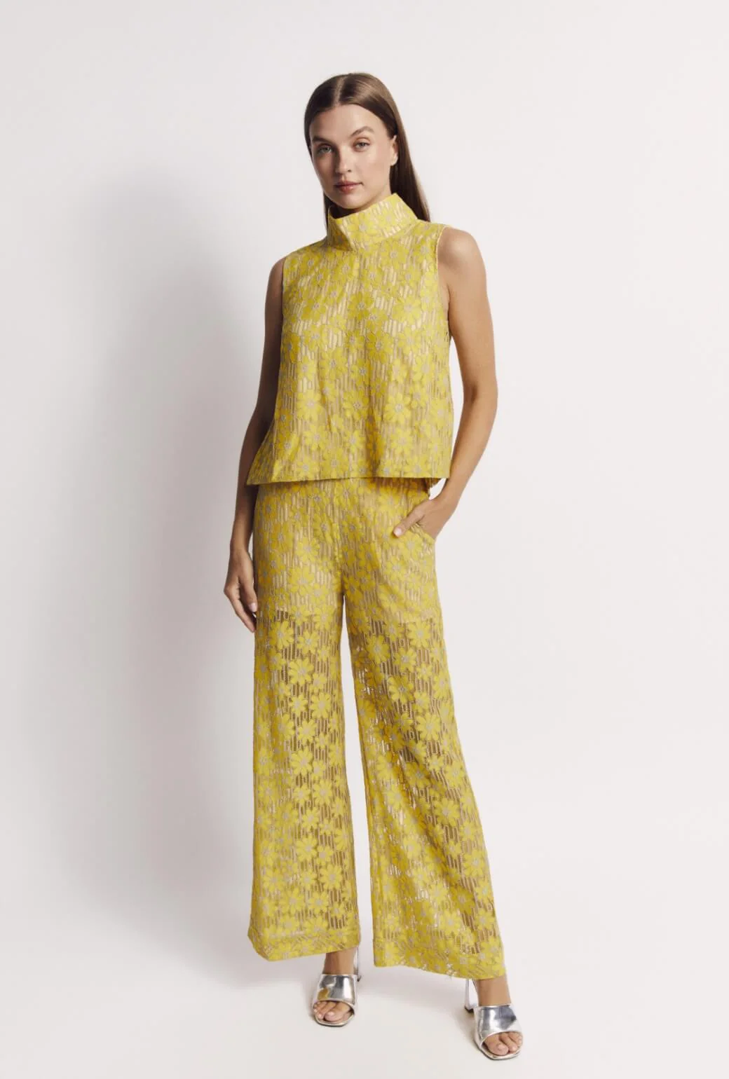 Cropped Sleeveless Mod Top - Yellow Lace - Image 7