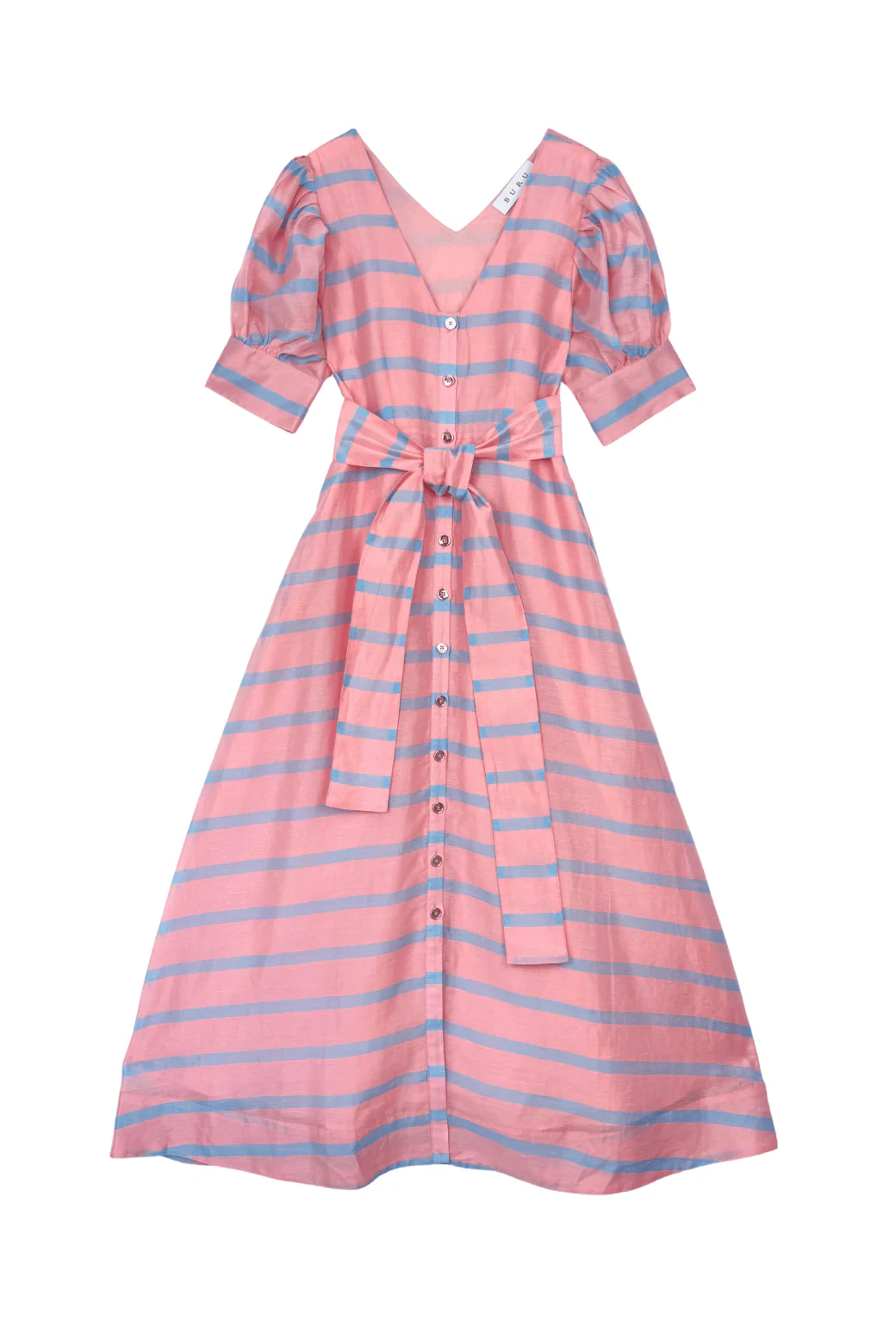 Deep V Puff Sleeve Day Gown - MAXI - Blue Stripe - Image 3