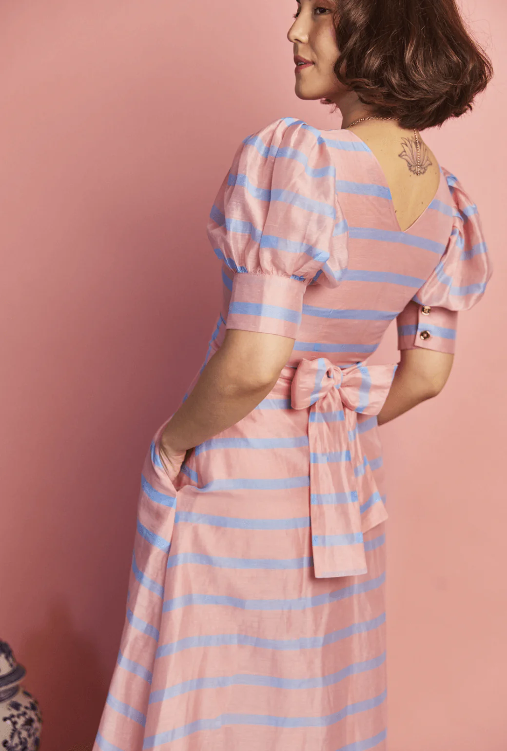 Deep V Puff Sleeve Day Gown - MAXI - Blue Stripe - Image 5