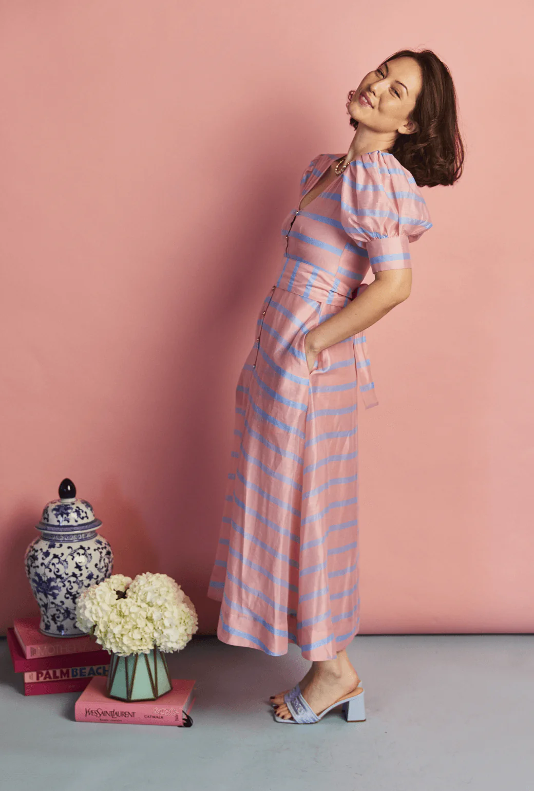 Deep V Puff Sleeve Day Gown - MAXI - Blue Stripe - Image 6
