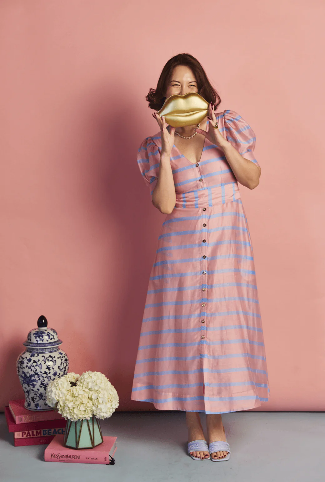Deep V Puff Sleeve Day Gown - MAXI - Blue Stripe - Image 7