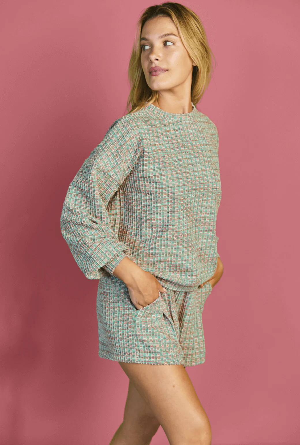 Everyday Shorts - Green and Pink Plaid Knit - Image 5