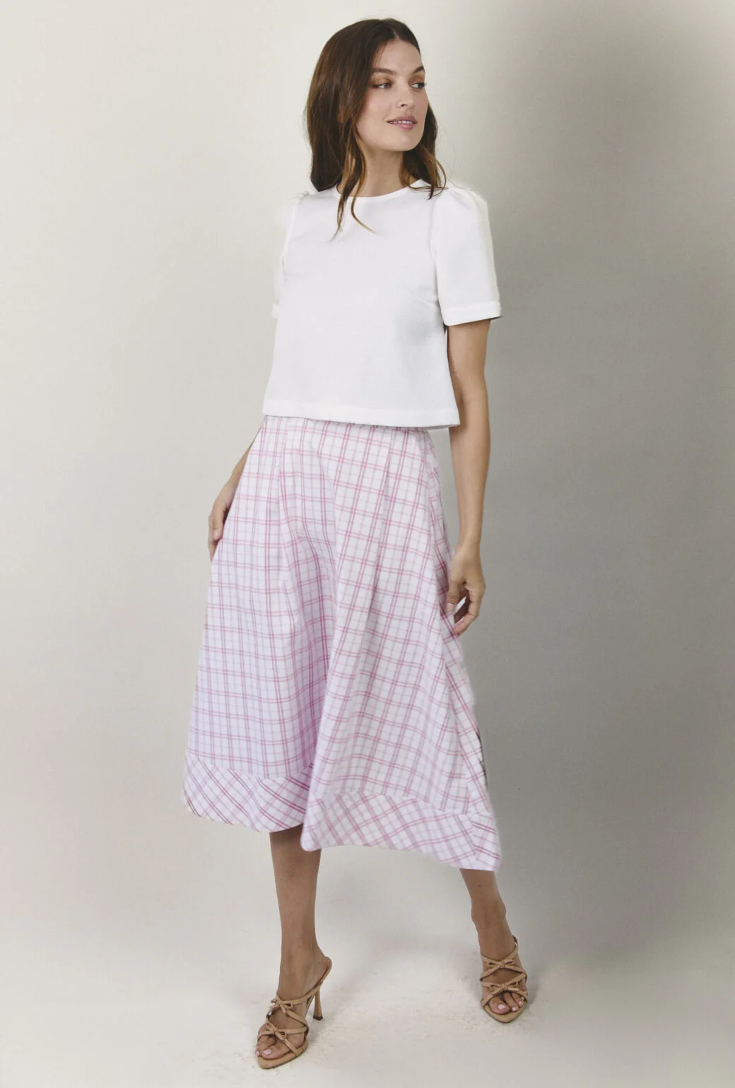 Flat Front MIDI Skirt - Pink Windowpane Plaid
