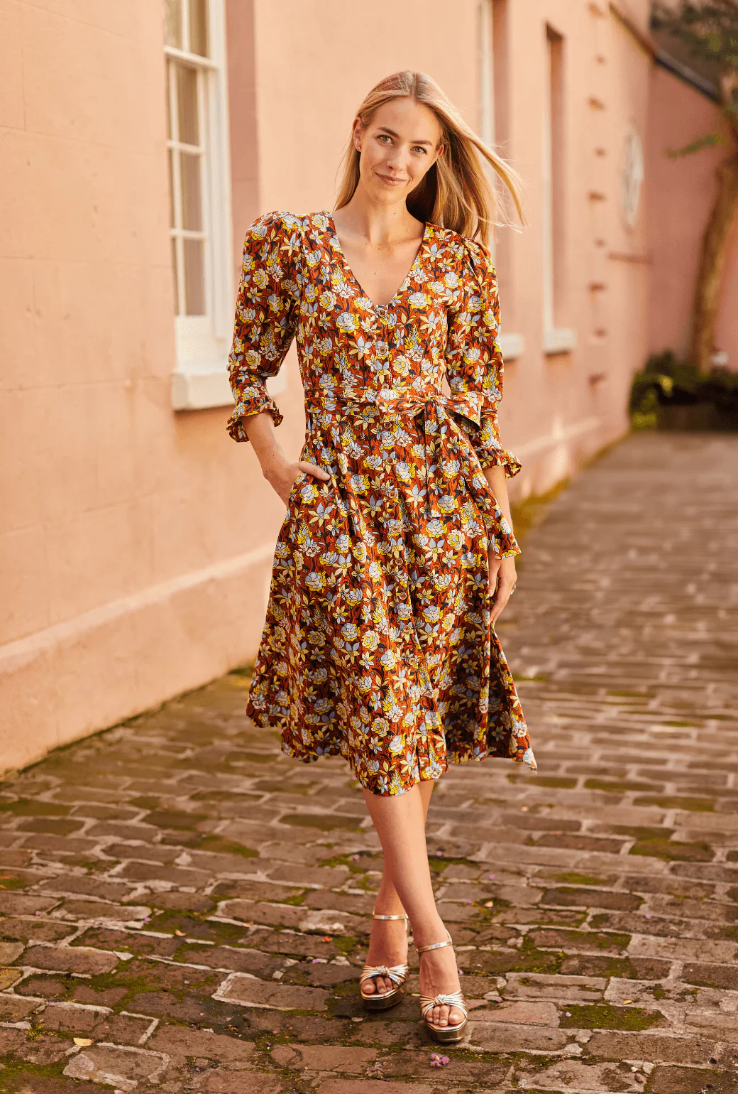 Long Sleeve Day Gown - MIDI - Bronze Floral - Image 5