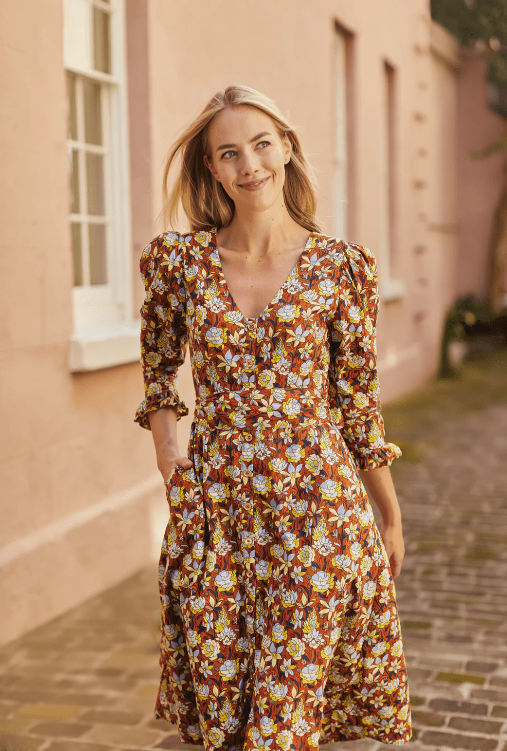 Long Sleeve Day Gown - MIDI - Bronze Floral - Image 7