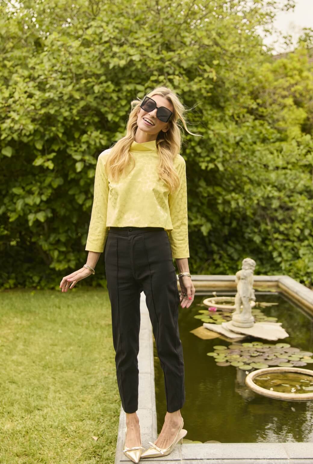 Long Sleeve Twiggy Top - Yellow Satin Polka Dot - Image 2