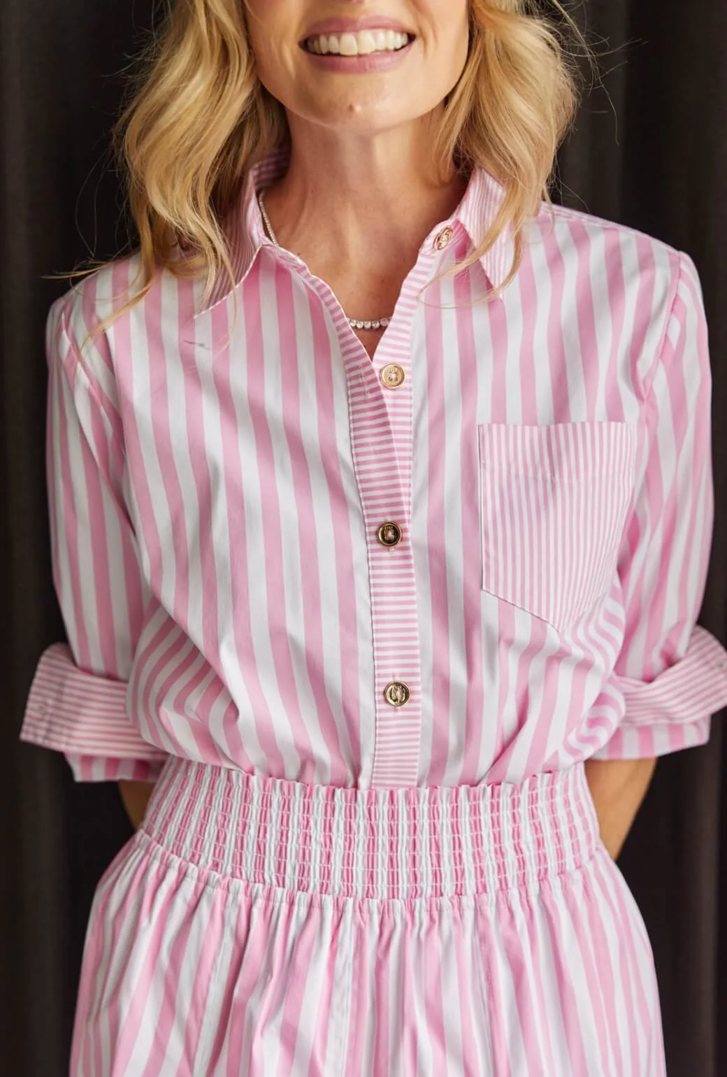 Mel Mixed Button Down Shirt - Pink Stripe - Image 4