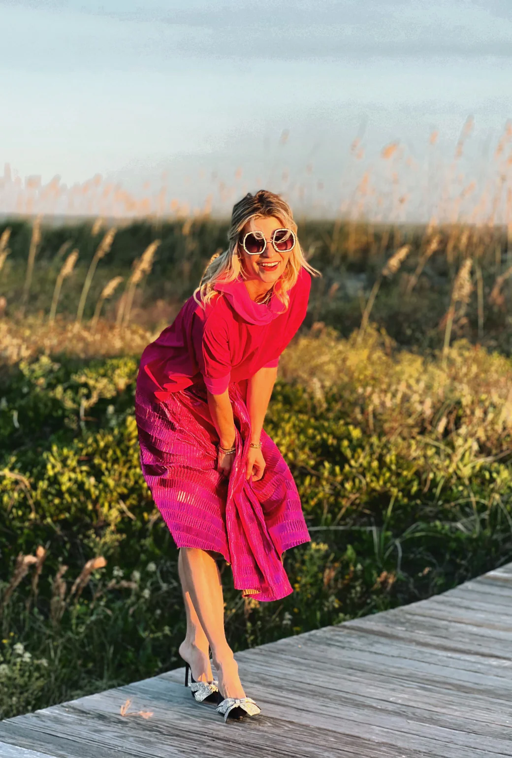 Metallic Pleated Skirt - Hot Pink - Image 3