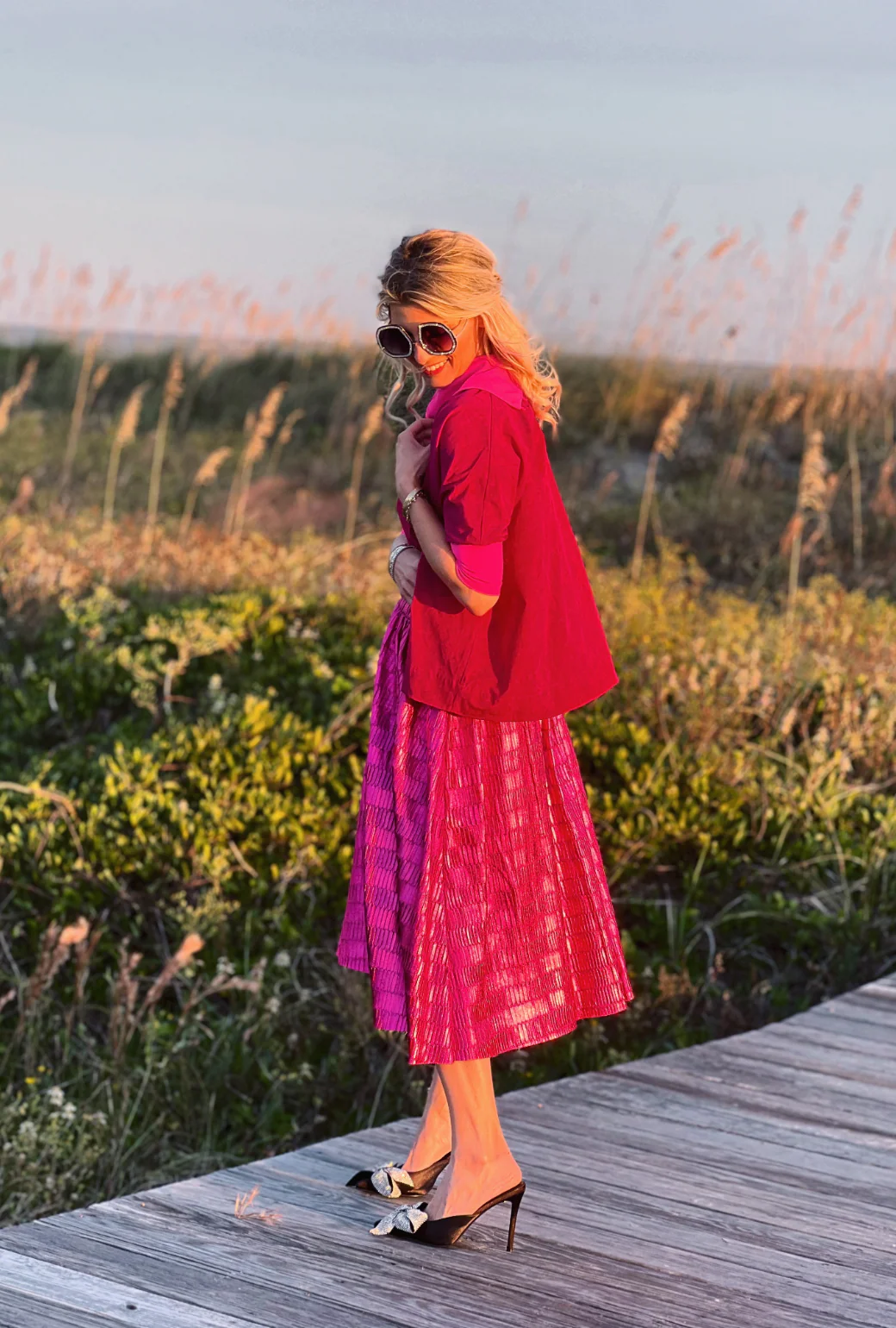 Metallic Pleated Skirt - Hot Pink - Image 4