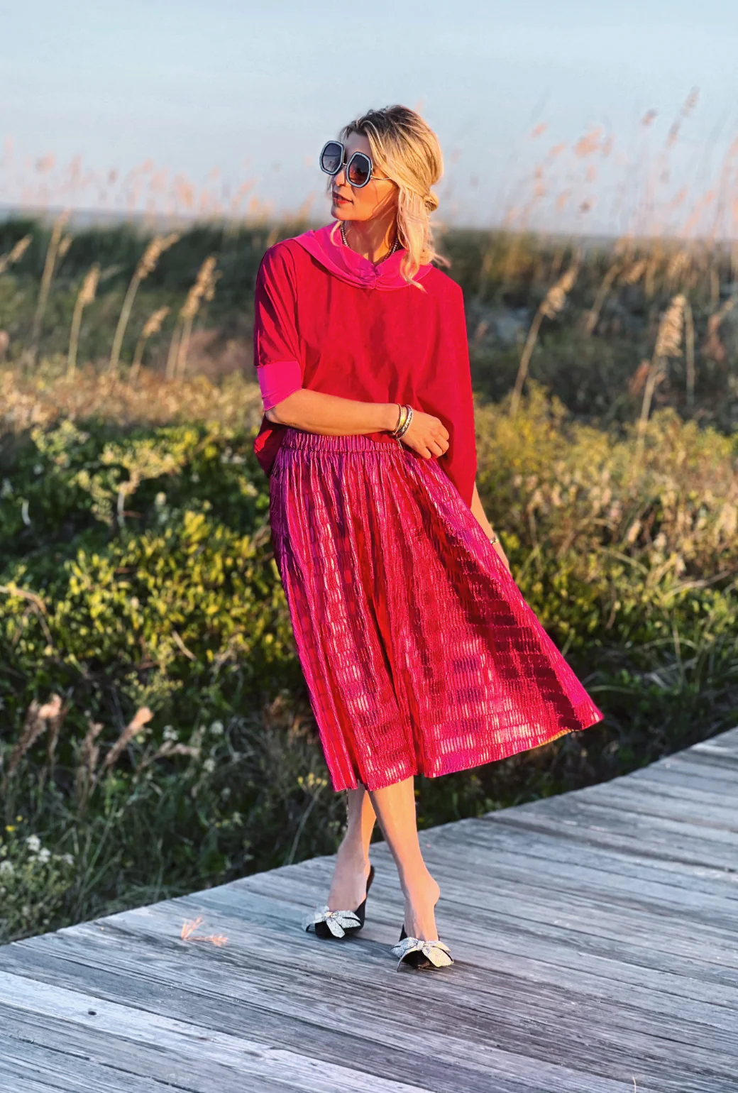 Metallic Pleated Skirt - Hot Pink - Image 5