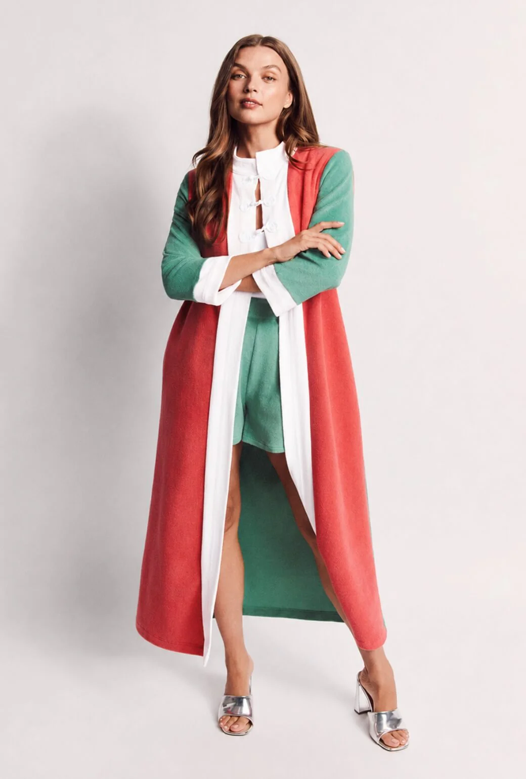 Mod Colorblock Robe - White, Coral & Teal Terry - Image 2
