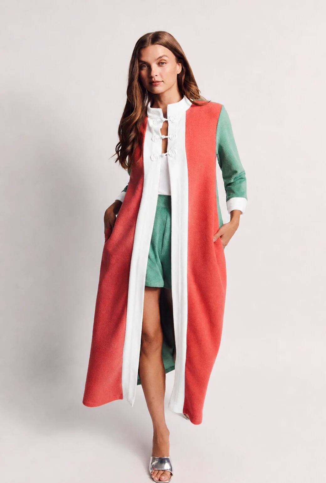 Mod Colorblock Robe - White, Coral & Teal Terry - Image 3