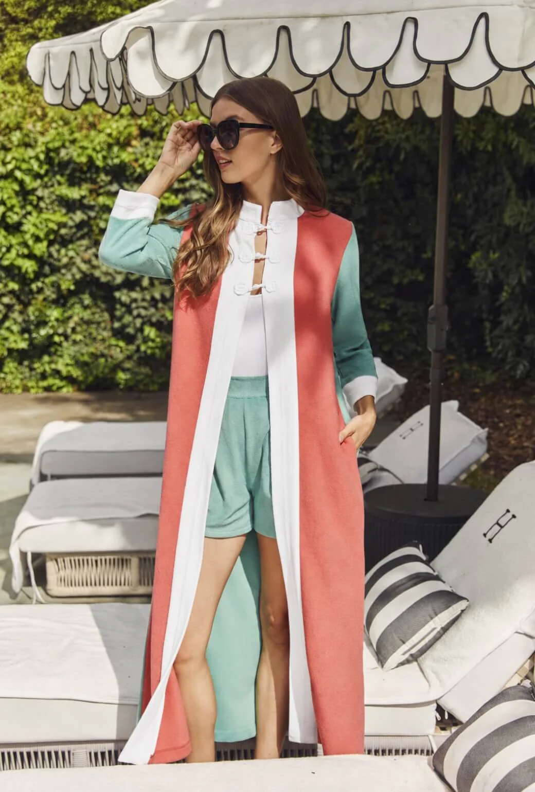 Mod Colorblock Robe - White, Coral & Teal Terry - Image 4