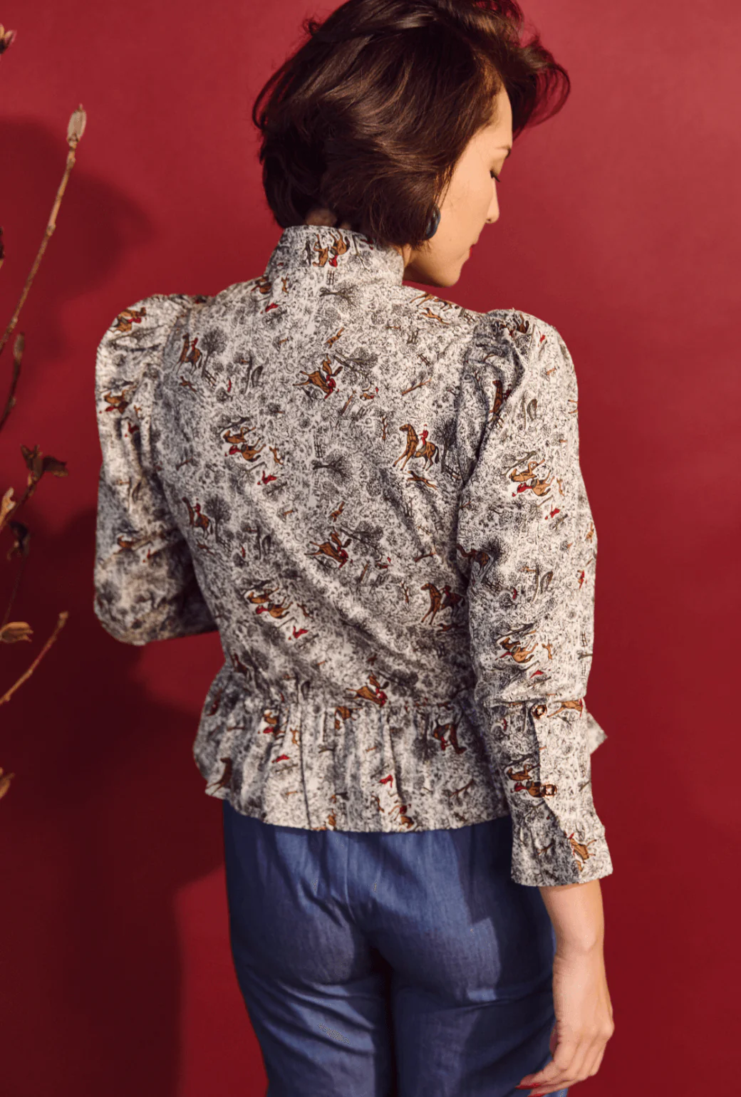 Peplum Puff Sleeve Button Down - Horses - Image 4