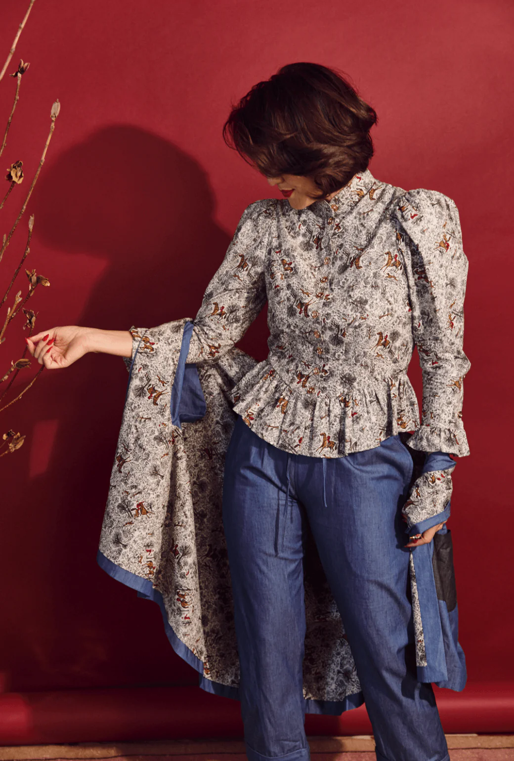 Peplum Puff Sleeve Button Down - Horses - Image 5