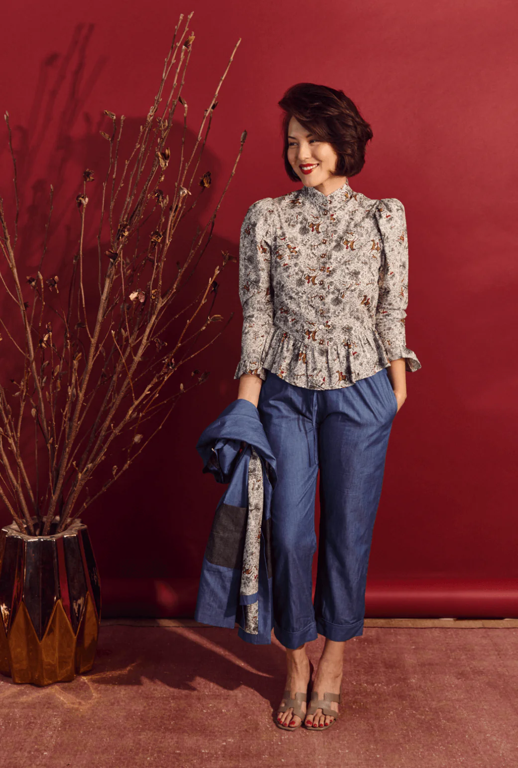 Peplum Puff Sleeve Button Down - Horses - Image 6