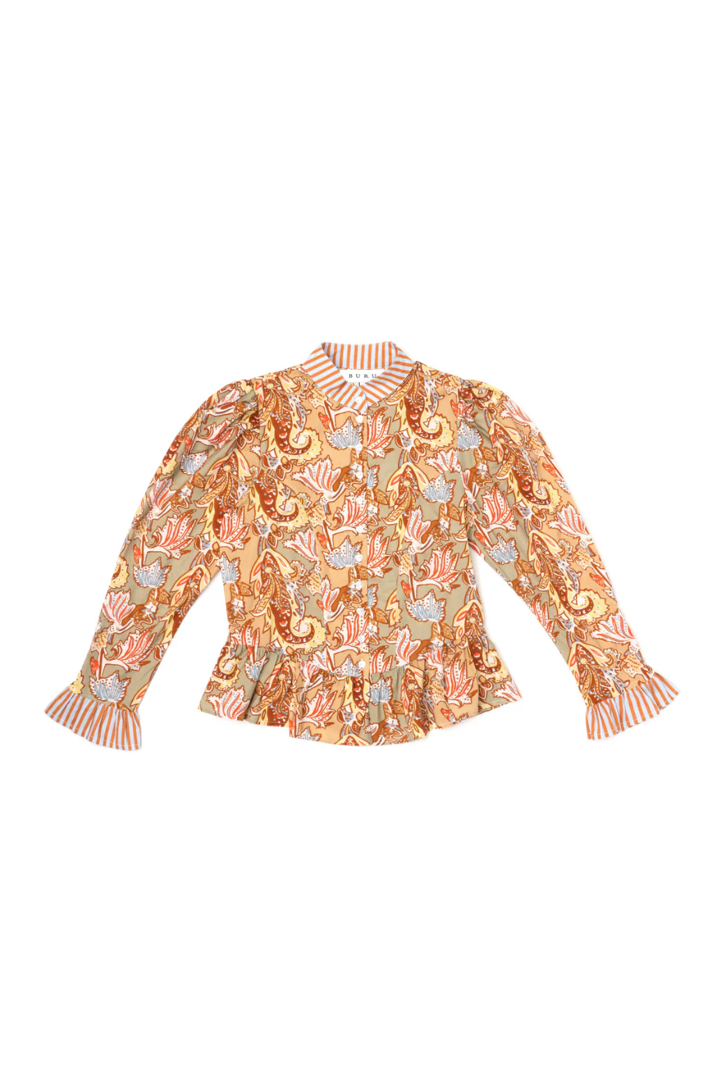 Peplum Puff Sleeve Button Down - Paisley Stripe