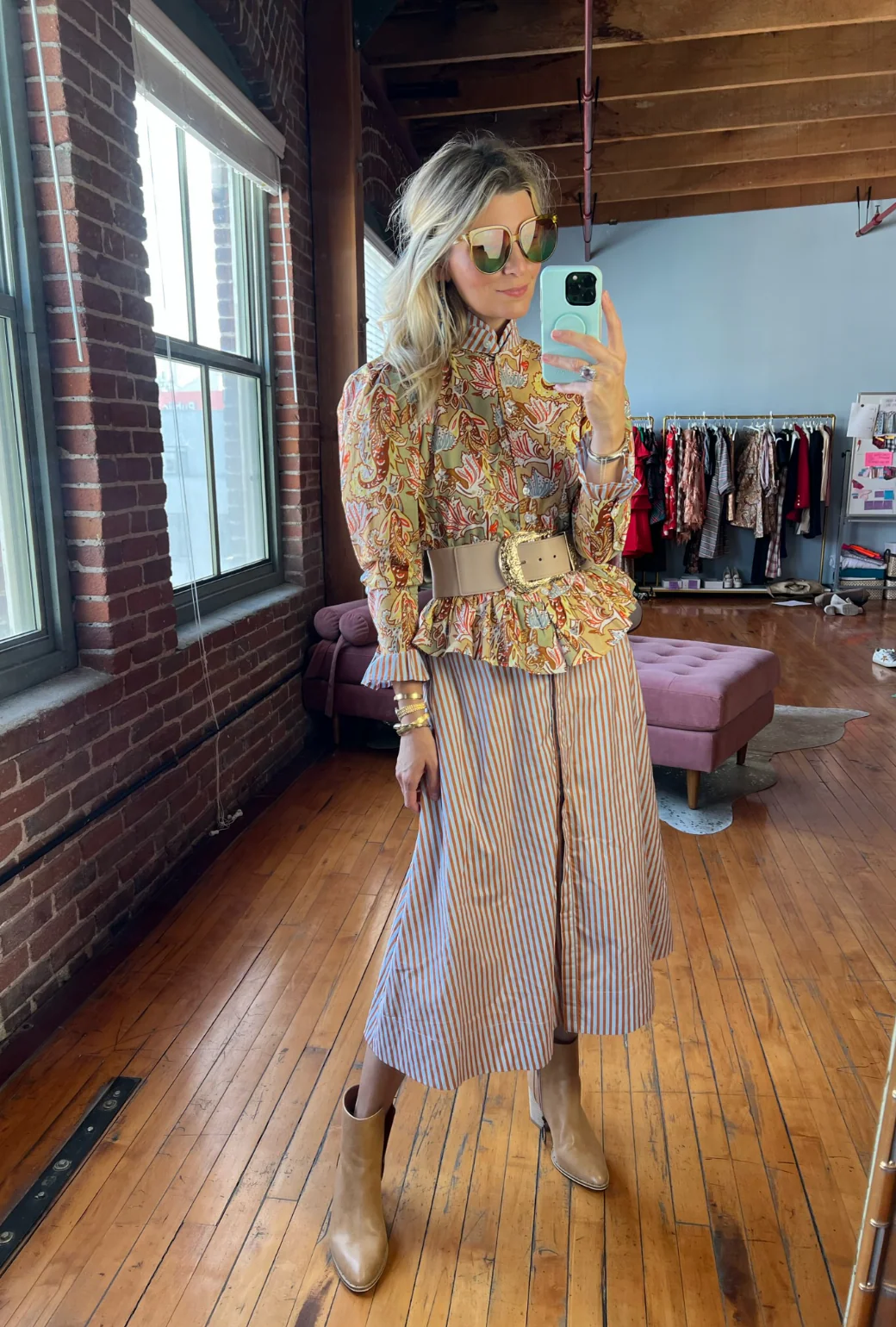 Peplum Puff Sleeve Button Down - Paisley Stripe - Image 11