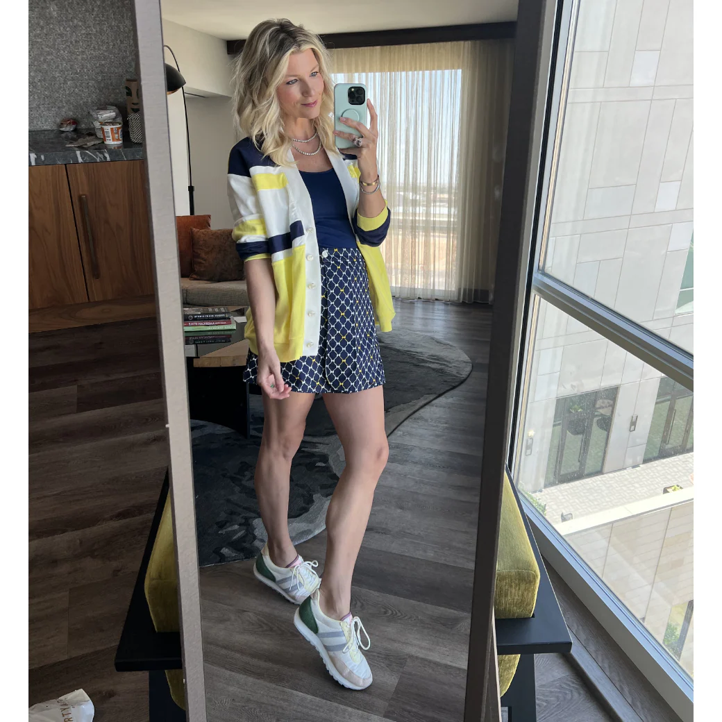 Reversible Tennis Skirt - Navy Bows & Yellow Lurex - Image 13