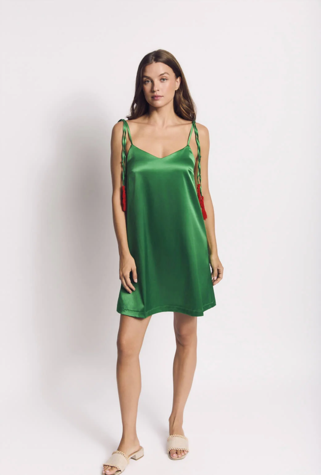 Satin Tassel Mini Dress - Kelly Green - Image 3
