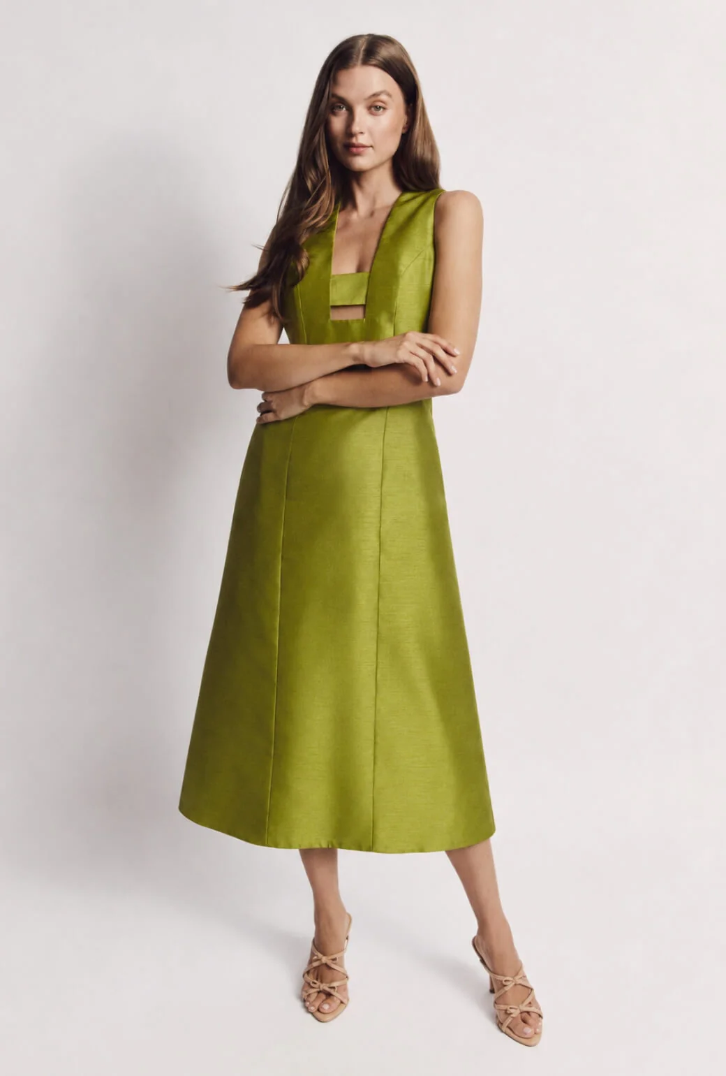 Sleeveless Deco Dress MIDI - Green Taffeta - Image 9